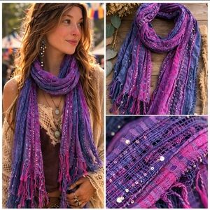 Boho Festival Sequin Scarf Purple Pink Blue Ombre Fringe Wrap
